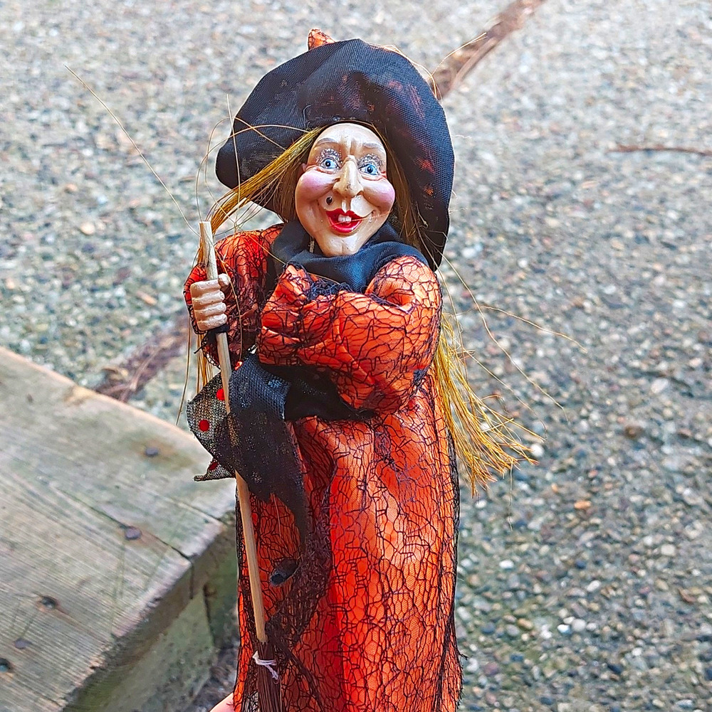 Halloween Witch Fabric Figurine, Freestanding Orange Dress Decor tree topper